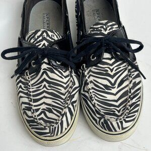 Sperry Top Sider Womens Black White Zebra Print Boat Shoes, Size 9.5